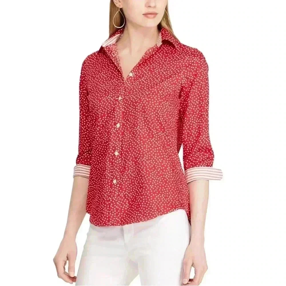 Chaps No-Iron Shirt Red White Polka Dot Cotton Women’s Size Medium